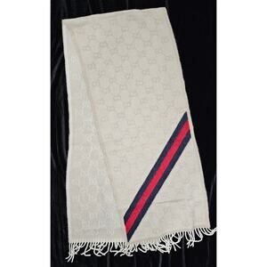 Gucci Muffler Stole Wool GG Pattern Fringe -White/Cream